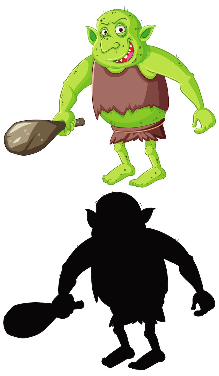 Kostenlose Vektor goblin oder troll in farbe und silhouette in zeichentrickfigur auf weiß