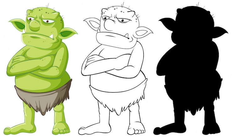 Kostenlose Vektor goblin oder troll in farbe und umriss und silhouette in zeichentrickfigur auf weißem hintergrund