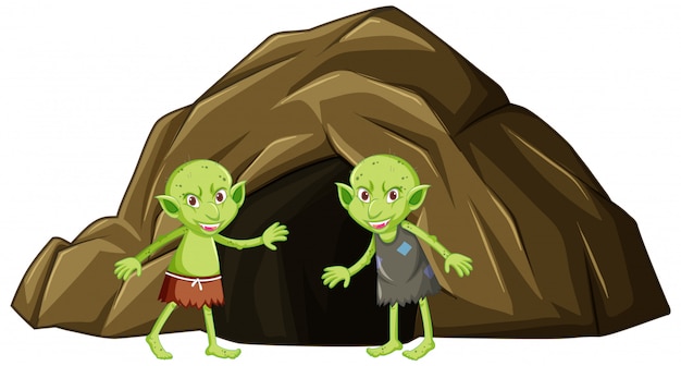 Goblins mit höhle in der zeichentrickfigur auf weißem hintergrund