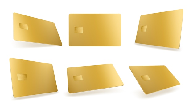 Gold-kreditkartenmodell, isolierte goldene leere schablone mit chip auf weiß