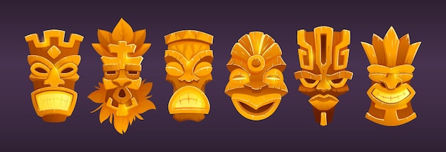 Kostenloser Vektor gold-tiki-masken hawaiianisches stammes-totem