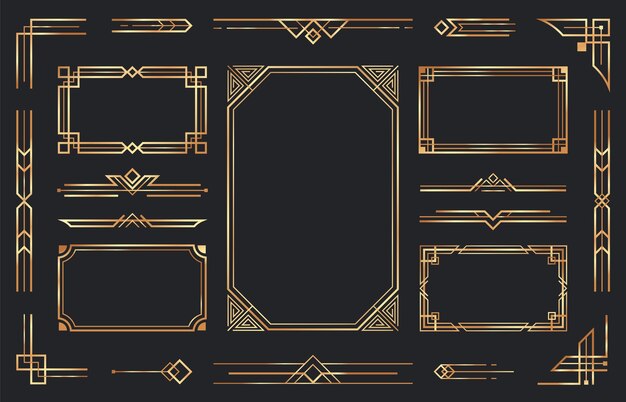 Goldene Art-Deco-Ornamente. Arabischer antiker dekorativer Goldrand, geometrischer Retro-Zierrahmen und verzierte goldene Ecken