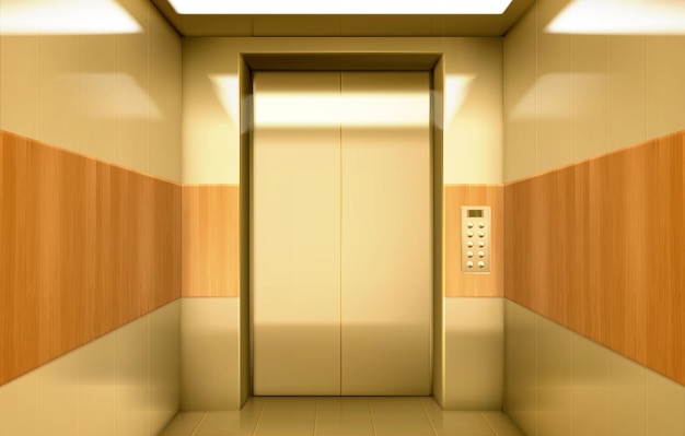 Goldene Aufzugskabine mit geschlossenen Türen im Inneren
