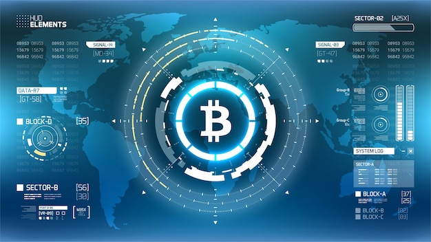 Goldene futuristische vektorillustration der kryptowährung bitcoin. weltweite digitale geldtechnologie Premium Vektoren