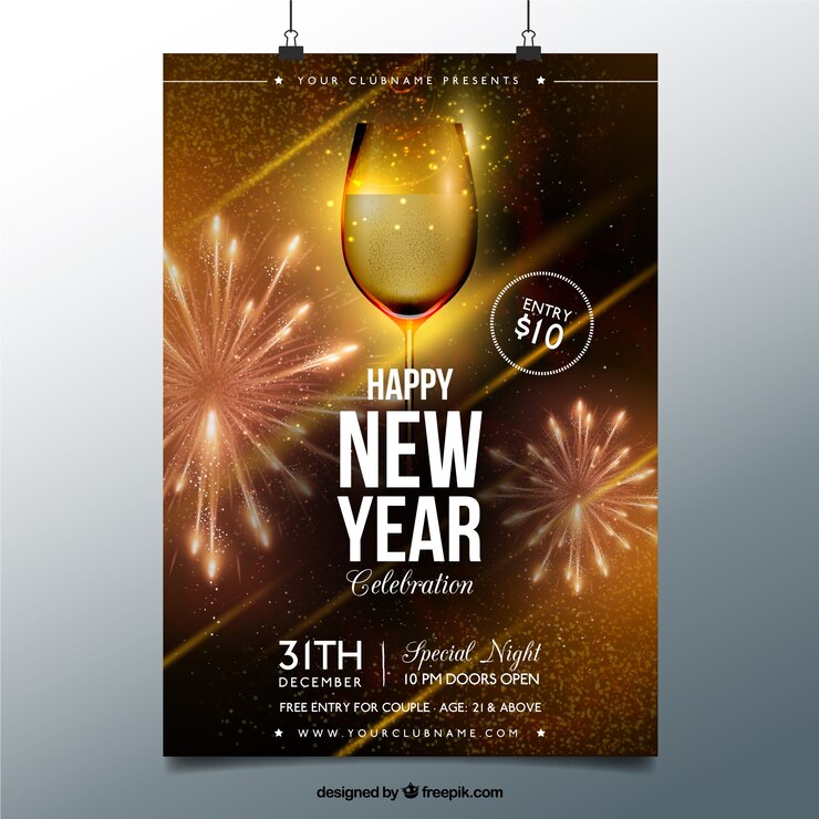 Kostenlose Vektor goldene glas champagner neue jahr plakat