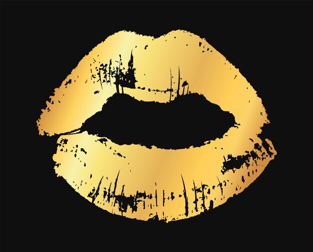 Goldene lippen. goldene metallische glamour-lippenstift-kuss-silhouette, weibliche sexy modeglanz-lippenform, schönheits- und kosmetik-designelement-vektor-einzelne texturillustration einzeln auf schwarzem hintergrund