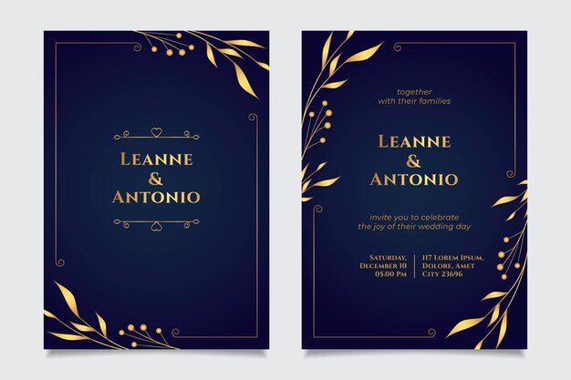 Goldene Luxushochzeitseinladungsschablone mit Farbverlauf