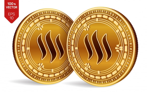 Kostenloser Vektor goldene münzen der kryptowährung mit steem-symbol lokalisiert auf weißem hintergrund.