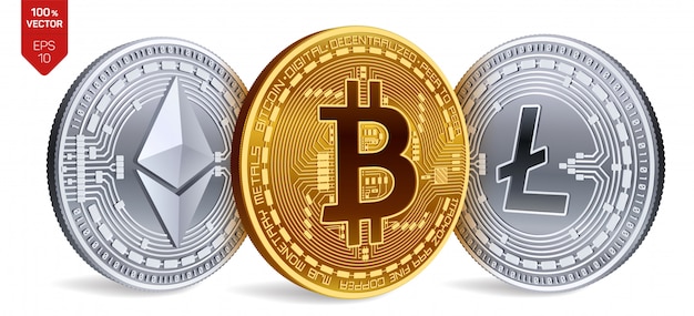 Goldene und silberne Kryptowährungsmünzen mit Bitcoin-, Litecoin- und Ethereum-Symbol auf weißem Hintergrund.