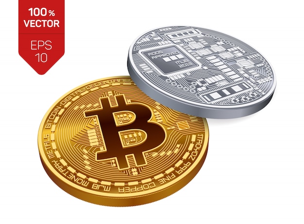 Goldene und silberne Kryptowährungsmünzen mit Bitcoin-Symbol lokalisiert auf weißem Hintergrund.