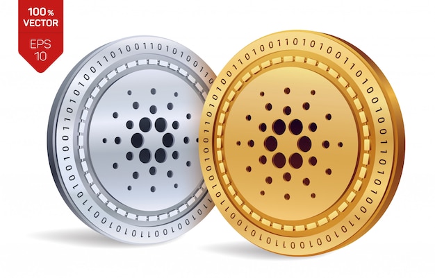 Goldene und silberne Kryptowährungsmünzen mit Cardano-Symbol lokalisiert auf weißem Hintergrund.