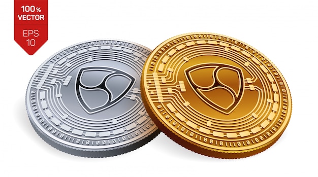 Goldene und silberne Kryptowährungsmünzen mit nem Symbol lokalisiert auf weißem Hintergrund.