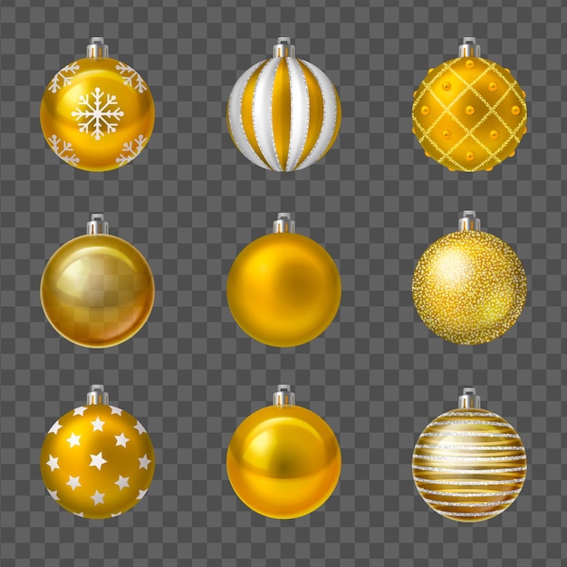 Goldene weihnachtskugeln baumschmuck des neuen jahres realistischer satz lokalisiert auf transparenter hintergrundvektorillustration