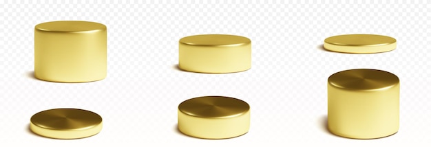 Goldene zylinder-produktpodium in verschiedenen größen realistische 3d-vektorillustration satz von goldenen metallrunden ständen für waren, die gewinner anzeigen oder auszeichnen geometrische säule plattform-mockup
