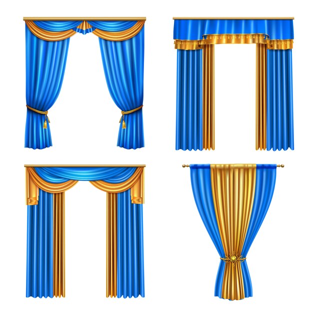 Goldener blauer langer Luxus drapiert Vorhänge eingestellte 4 realistische Wohnzimmerfensterdekorationsideen lokalisierte Illustration