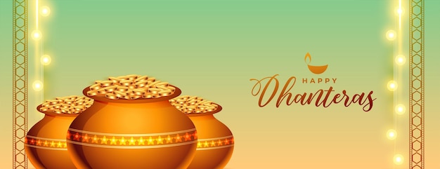 Goldener münztopf für glückliche dhanteras, religiöser banner-design-vektor