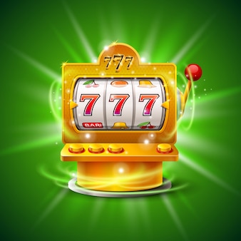 Goldener spielautomat gewinnt den jackpot. auf grünem hintergrund isoliert. vektor-illustration