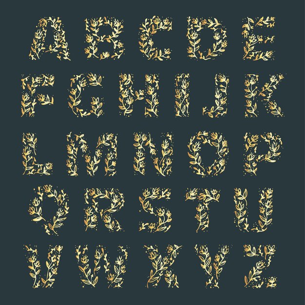 Goldenes Alphabet mit eleganten Blumen auf Buchstaben