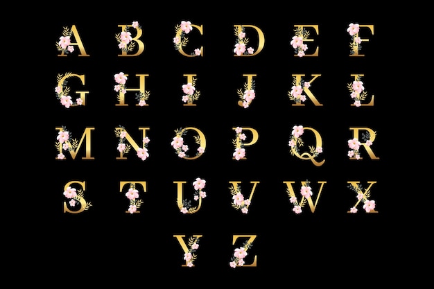 Goldenes Alphabet mit eleganten Blumen