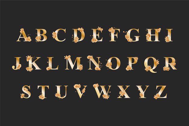 Kostenloser Vektor goldenes alphabet mit eleganten hochzeitsblumen