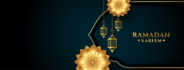 Goldenes Blumen- und Laternenfahnenentwurf des Ramadan kareem
