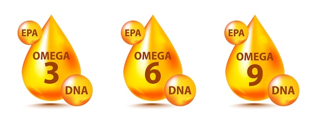 Goldtropfen omega drei, sechs und neun. mehrfach ungesättigte fettsäuren omega-3, omega-6, omega-9. natürlicher fisch, organisches vitamin, nährstoff. omega-fettsäuren, epa, dha. vitamintropfen-pillenkapsel für öko-bio-themen Premium Vektoren