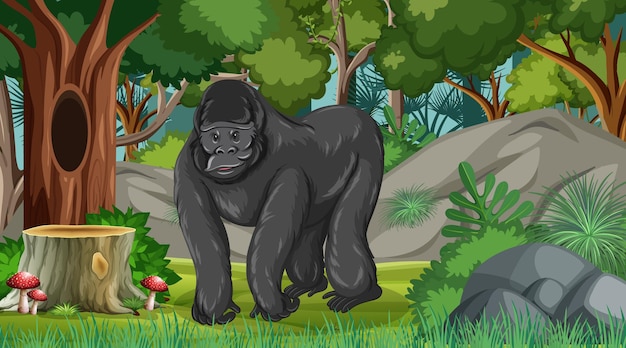 Kostenloser Vektor gorilla in wald- oder regenwaldszene mit vielen bäumen