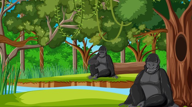 Gorilla in Wald- oder Regenwaldszene mit vielen Bäumen