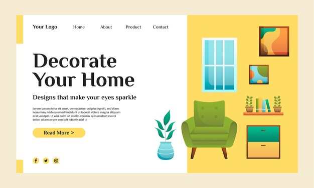 Kostenloser Vektor gradient innenarchitektur und landingpage-vorlage für wohnkultur