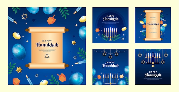 Kostenloser Vektor gradient-instagram-posts-sammlung für die jüdische hanukkah-feier