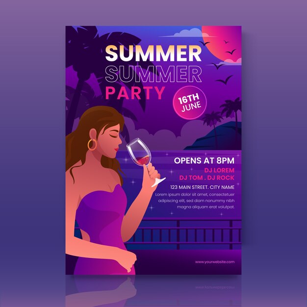 Gradient sommernacht party poster vorlage mit trinkender frau