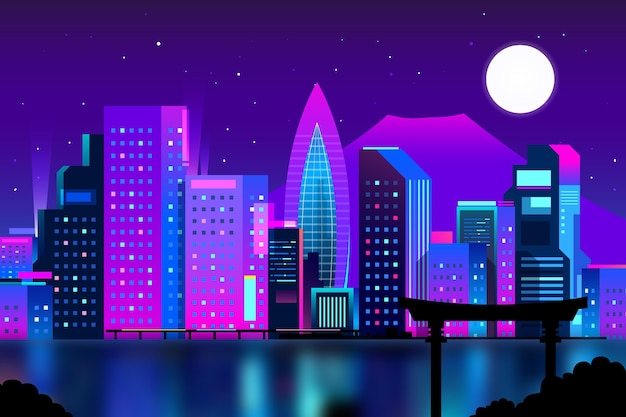 Kostenloser Vektor gradient tokio skyline mit neonfarben