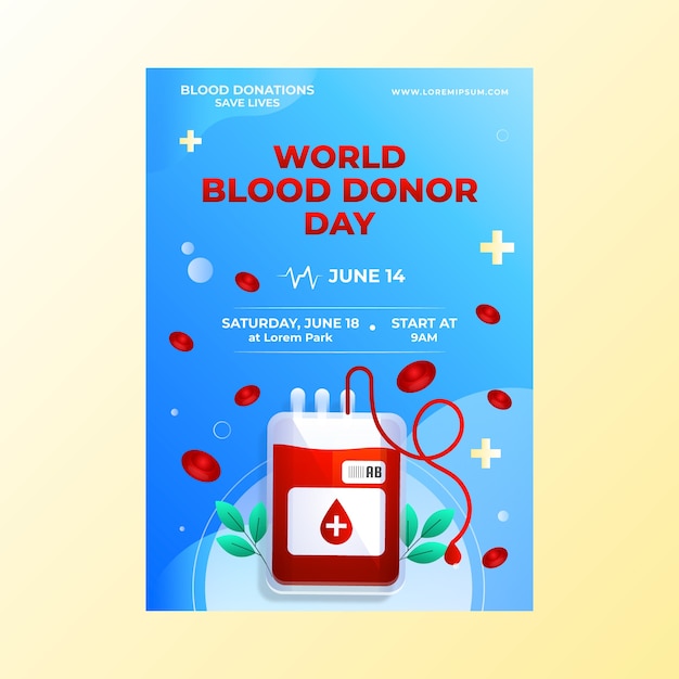 Kostenloser Vektor gradient world blood donor day vertikale plakatvorlage mit blutbeutel