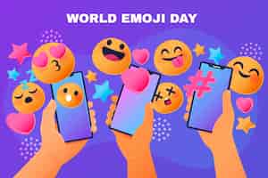 Kostenloser Vektor gradient world emoji day hintergrund mit emoticons und händen, die smartphones halten