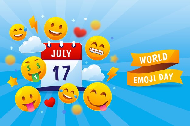Gradient World Emoji Day Hintergrund mit Emoticons und Kalender