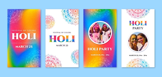 Kostenloser Vektor gradiente instagram-geschichten-sammlung für die feier des holi-festivals.
