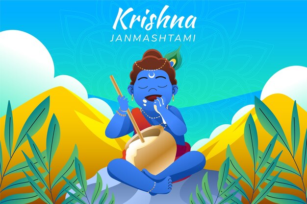 Kostenloser Vektor gradienten-janmashtami-illustration mit baby-krishna