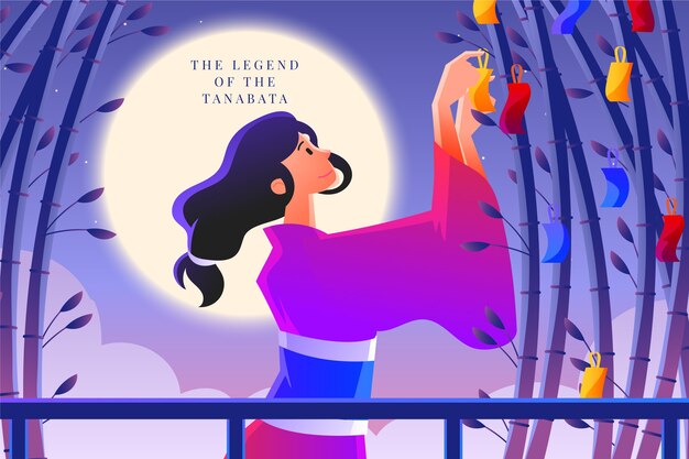 Gradienten-Tanabata-Illustration mit einer Frau, die Bambus bei Vollmond dekoriert