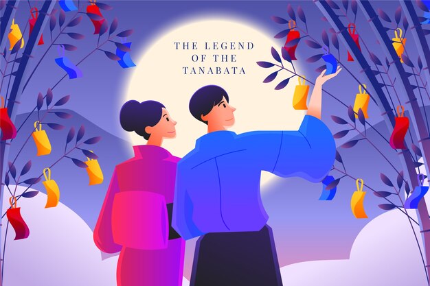 Gradienten-Tanabata-Illustration mit Paaren bei Vollmond
