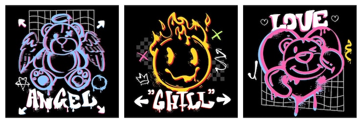 Kostenlose Vektor graffiti-posters mit sprayfarbe, teddybären und flammendem emoji-symbol mit typografie-slogan