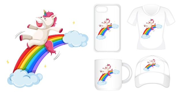 Kostenloser Vektor grafikdesign auf verschiedenen produkten mit einhorn auf regenbogen