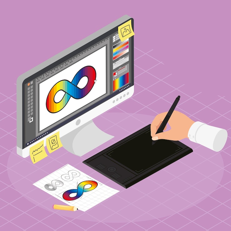 Kostenlose Vektor grafikdesigner mit desktop-szene