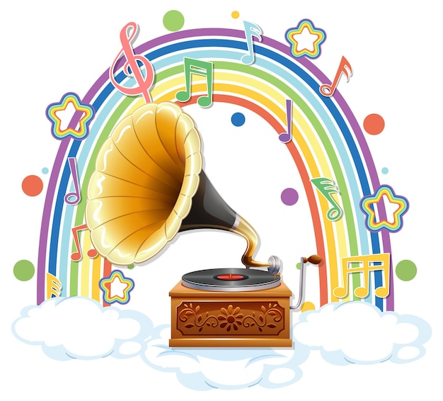 Grammophon mit melodiesymbolen auf regenbogen