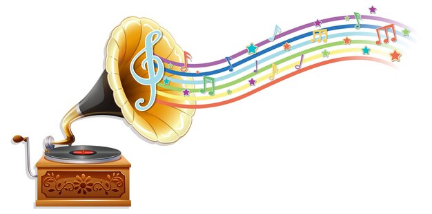 Grammophon mit Melodiesymbolen auf Regenbogenwelle