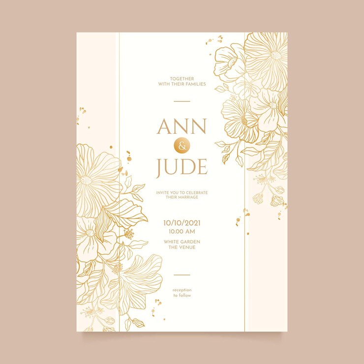 Kostenlose Vektor gravur handgezeichnete goldene hochzeitseinladungsschablone
