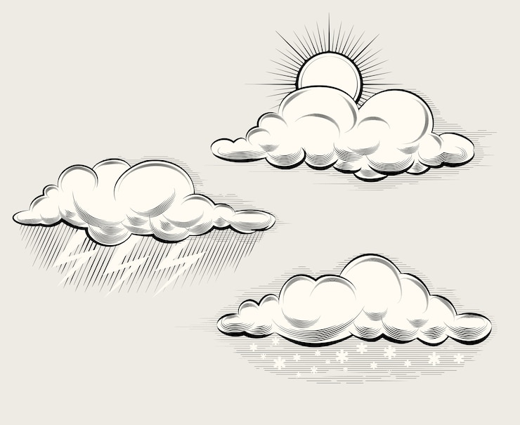 Kostenlose Vektor gravurwetter. sonne hinter einer wolke, regen, schnee und blitz und sturm. vektorillustration