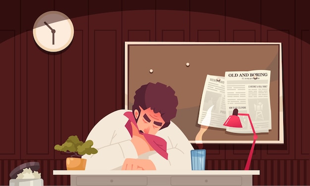 Grippe-cartoon-konzept mit erwachsenem mann, der auf arbeitsplatzvektorillustration niest