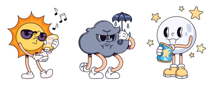 Kostenlose Vektor groovy wetterfiguren, die auf weiß isoliert sind