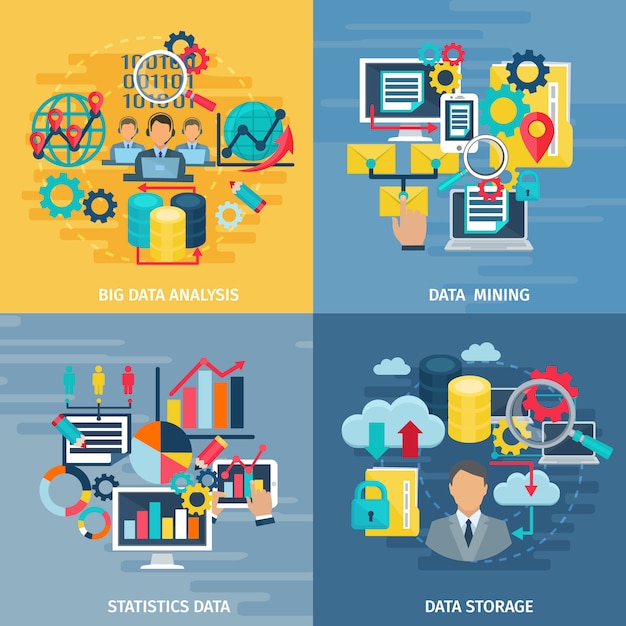 Kostenloser Vektor große data-mining-analyse und speichertechnologie 4 flache ikonenquadrat-zusammenstellungsfahne