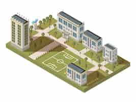 Kostenloser Vektor große komposition der isometrischen universität mit campusyardweghäusern mit schatten und fußball playgro